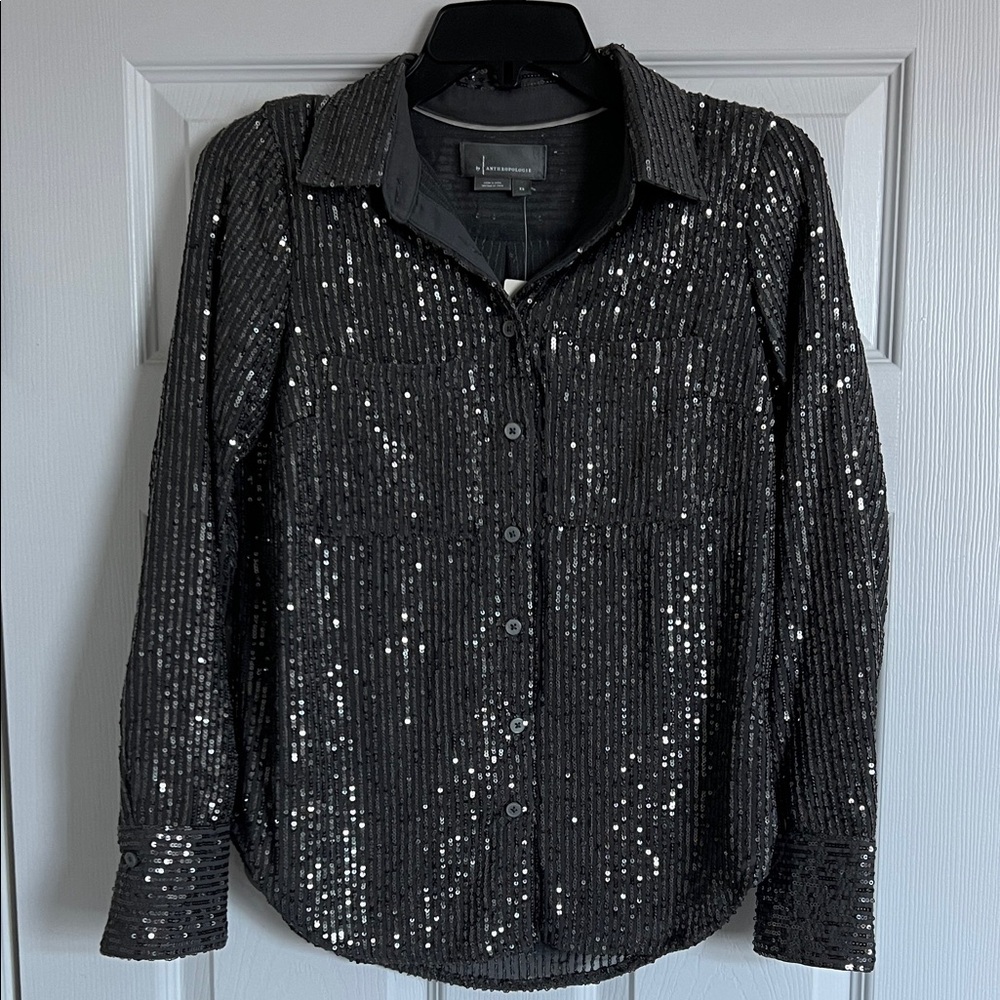 Grey Sequin Button-Up Shirt